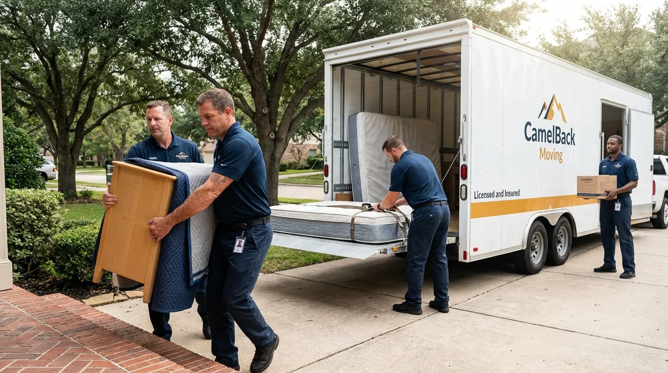 Crew loading residential truck for cross-state move from Cool, CA