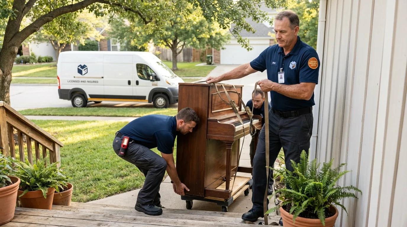 Licensed piano movers securing grand piano in Cool, CA