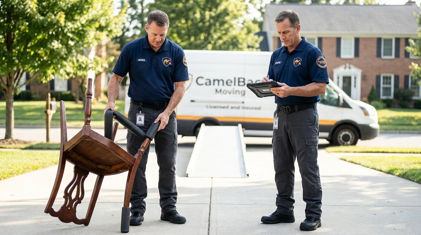 Movers inspecting furniture for damage prevention before loading in Cool, CA