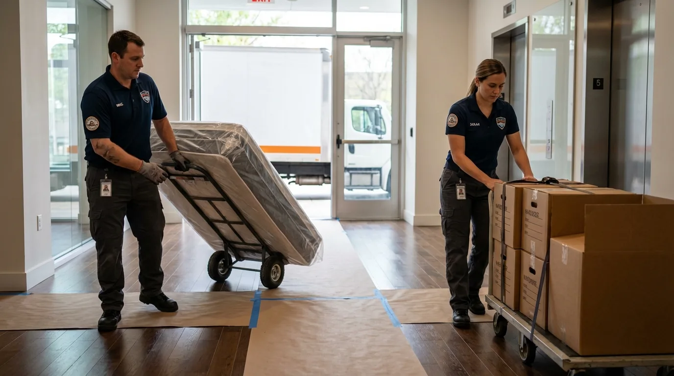 Professional apartment movers loading elevator in Cool, CA