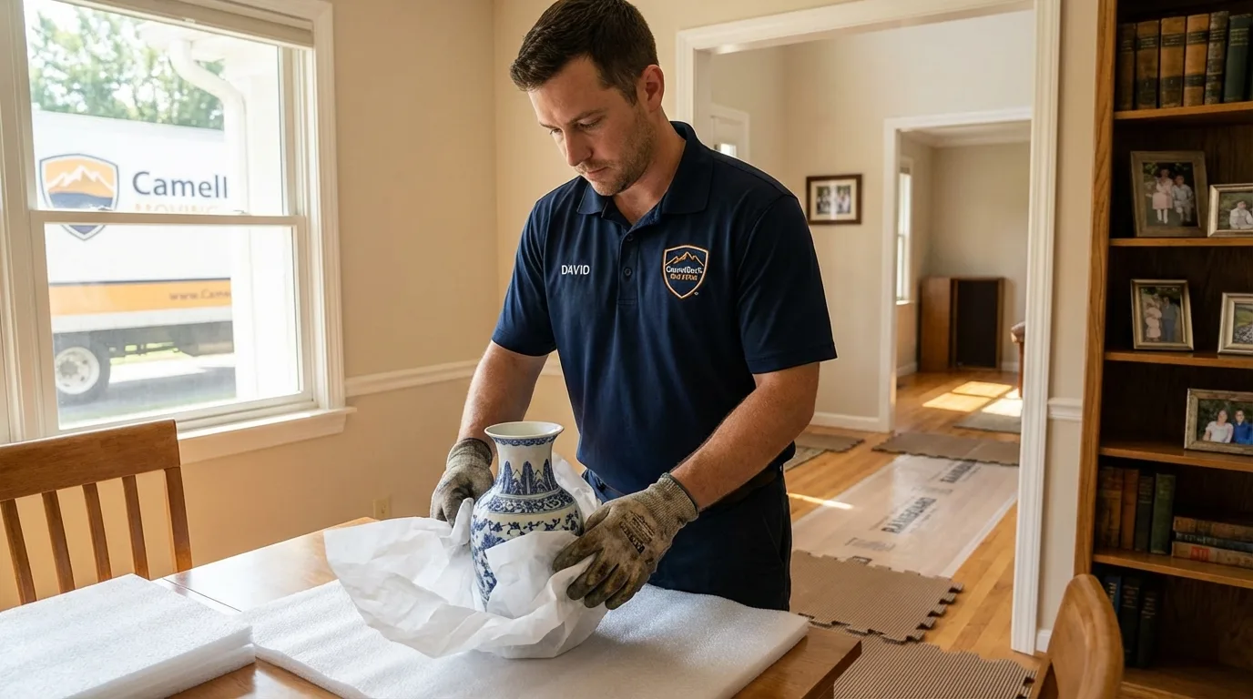 Professional crew carefully wrapping antique vase for senior downsizing move in Cool, CA
