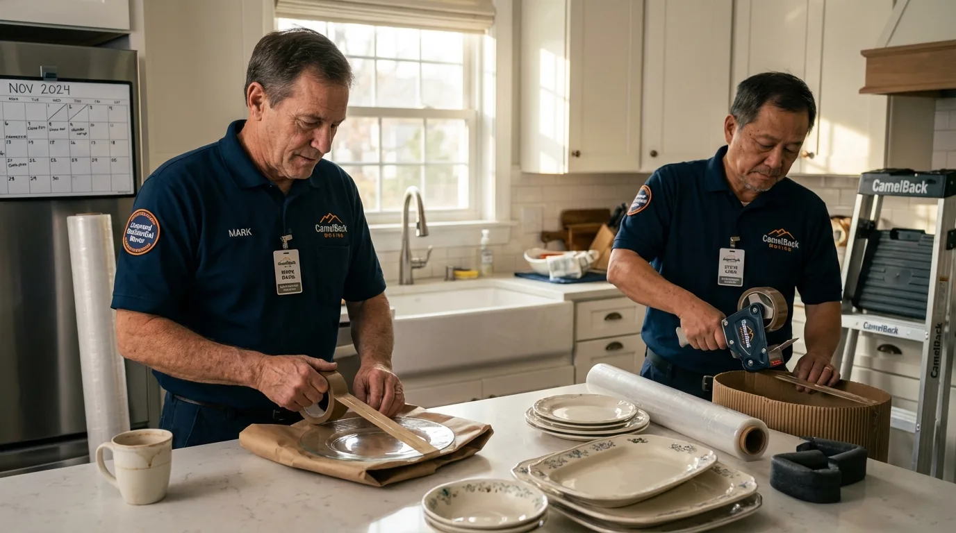 Professional crew packing kitchen dishware in Cool, CA